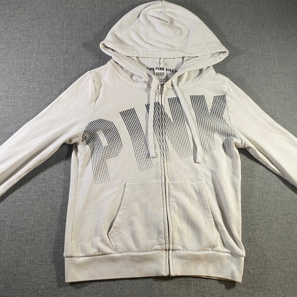 PINK Victoria's Secret Full Zip Hoodie Sweatshirt Women's Medium Gray Athleisure